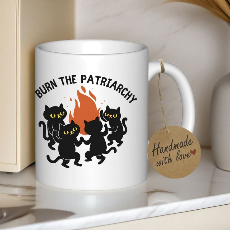 Tailorly White Ceramic 11 oz Mug - Burn The Patriarchy Mystical Black Cats Dancing In Circle Around Glowing Fire Flame Cat