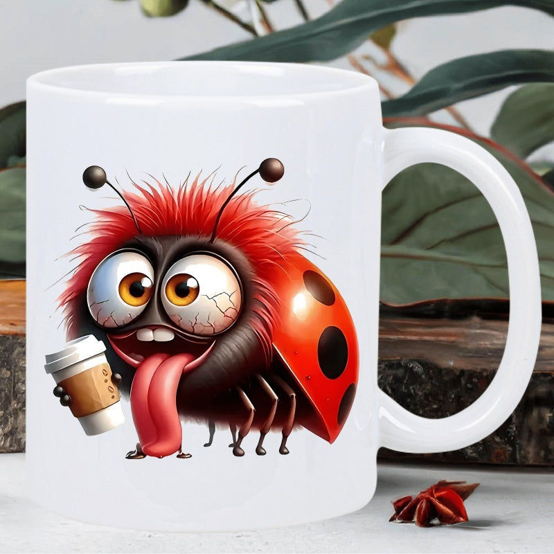 Tailorly White Ceramic 11 oz Mug - Whimsical Fuzzy Red Spotted Insect Holding A Tiny Steaming Coffee Ladybug