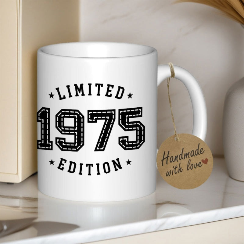 Tailorly White Ceramic 11 oz Mug - Limited 1975 Edition Vintage Athletic Style Numbers Surrounded By Small Stars And Serif Lettering Mug