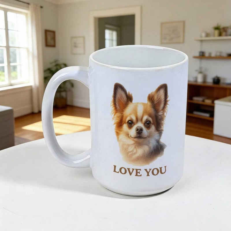 Tailorly White Ceramic 11 oz Mug - Love You Adorable Long Haired Brown And White Pet Portrait Featuring A Chihuahua