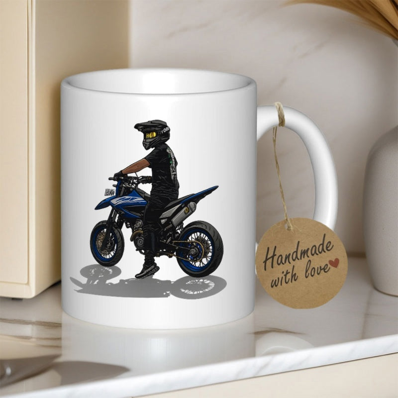 Tailorly White Ceramic 11 oz Mug - Daring Rider On Blue Sporty Off Road Dirt Bike With Helmet Motorcycle