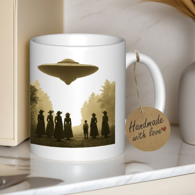Tailorly White Ceramic 11 oz Mug - Vintage Silhouettes Watching A Mysterious Hovering Saucer Over Misty Forest UFO