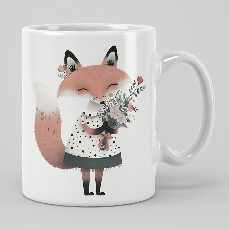 Tailorly White Ceramic 11 oz Mug - Adorable Stylized Animal Holding A Beautiful Floral Bouquet In Elegant Dress Fox