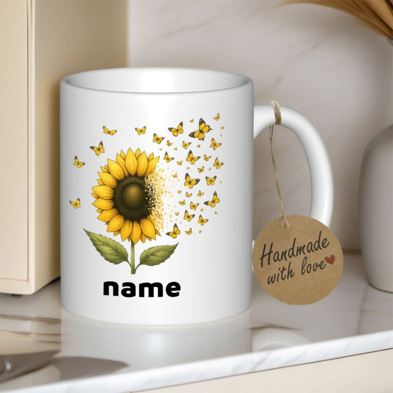 Tailorly White Ceramic 11 oz Mug - Name Vibrant Yellow Petals Turning Into A Swarm Of Delicate Butterflies Sunflower