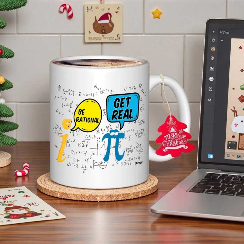 Tailorly White Ceramic 11 oz Mug - Be Rational Get Real Mathematical Symbols With Cartoon Eyes Among Speech Bubbles And Formulas Mug
