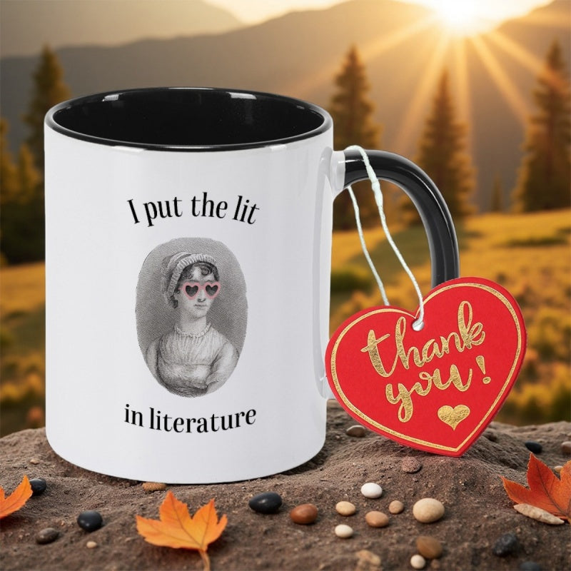 Tailorly Black Accent 11 oz Mug - heart glasses， text "funny i put the lit in literature"