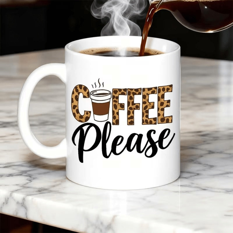 Tailorly White Ceramic 11 oz Mug - Coffee Please Stylish Leopard Pattern Letters Featuring A Steaming Hot Cup Design Mug