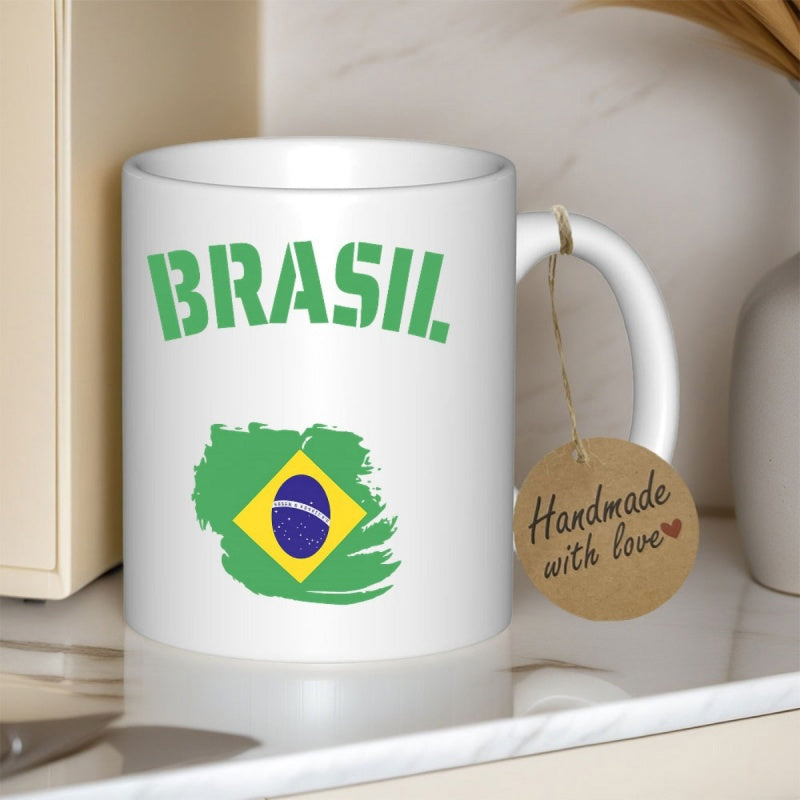 Tailorly White Ceramic 11 oz Mug - Brasil Artistic Green Brushstroke Background With Yellow Diamond Symbol Flag