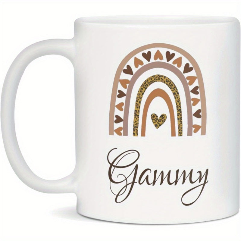 Tailorly White Ceramic 11 oz Mug - Gammy Bohemian Style Earth Tone Hearts With Glittery Leopard Print Textures Rainbow