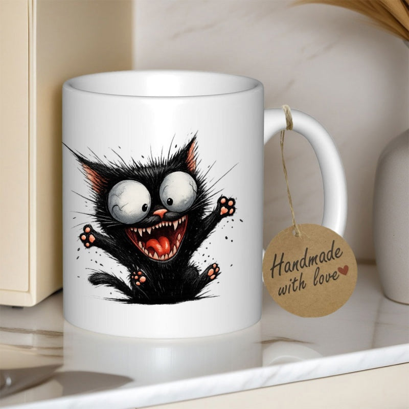 Tailorly White Ceramic 11 oz Mug - Handmade With Love Scruffy Crazy Black Cat With Large Eyes And Sharp Teeth Cat