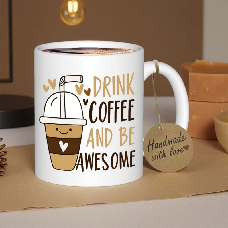 Tailorly White Ceramic 11 oz Mug - Drink Coffee And Be Awesome Cute Smiling Cartoon Coffee Cup With Straw Surrounded By Tiny Hearts Coffee Cup