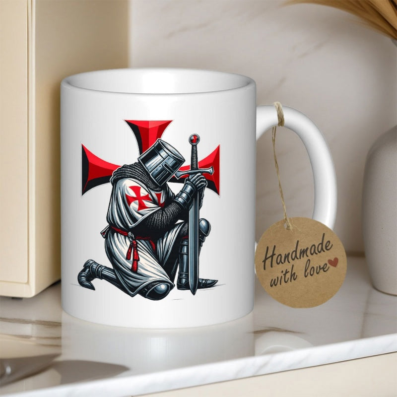Tailorly White Ceramic 11 oz Mug - Handmade With Love Valiant Medieval Warrior Kneeling With Sword Under Red Cross Knight