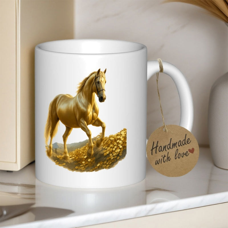 Tailorly White Ceramic 11 oz Mug - Handmade With Love Majestic Golden Stallion Walking Gracefully Over Shimmering Mountain Of Gold Horse