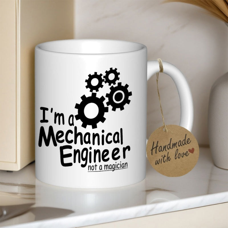 Tailorly White Ceramic 11 oz Mug - Im A Mechanical Engineer Not A Magician Four Interlocking Black Industrial Cogs Representing Technical Machine Design Gears