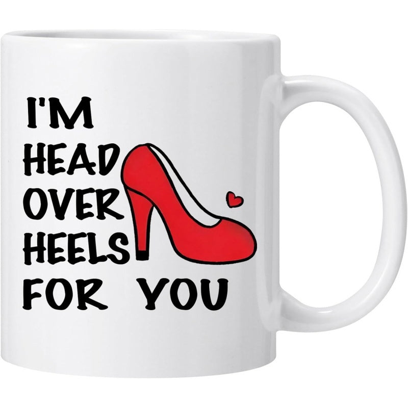 Tailorly White Ceramic 11 oz Mug - Im Head Over Heels For You Vibrant Red High Heeled Shoe With A Small Floating Heart High Heel