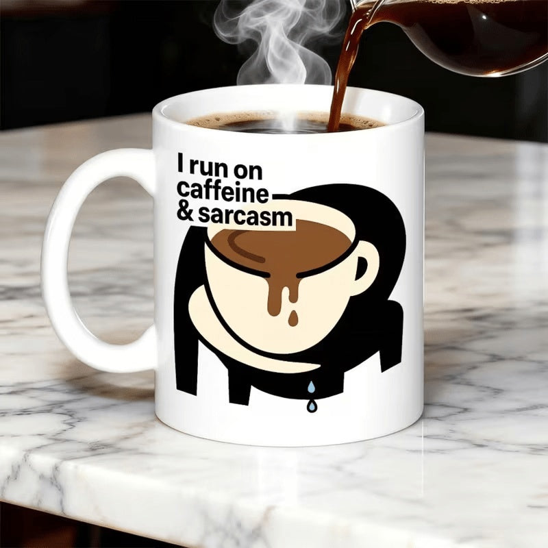 Tailorly White Ceramic 11 oz Mug - I Run On Caffeine Sarcasm Minimalist Black Background Graphic With Dripping Hot Steaming Coffee Cup Mug