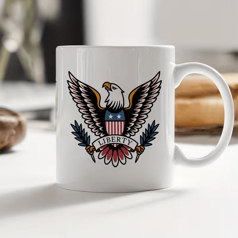 Tailorly White Ceramic 11 oz Mug - Liberty Majestic Patriotic American Bald Eagle With Outstretched Wings And Shield Banner Eagle