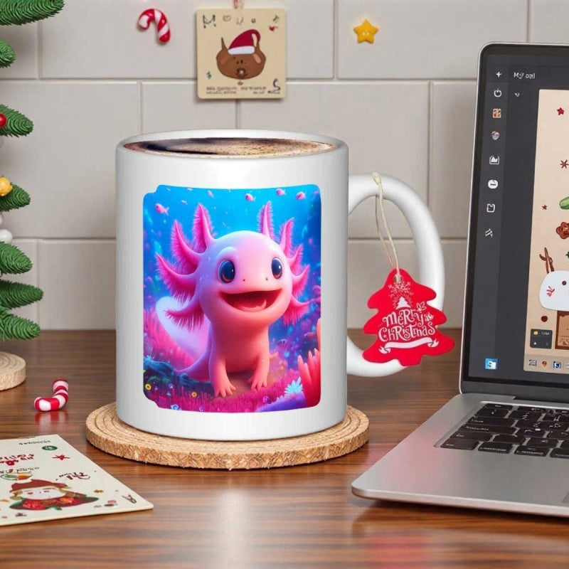 Tailorly White Ceramic 11 oz Mug - Merry Christmas Cute Pink Smiling Creature Swimming Under Deep Blue Vibrant Aquatic Bubbles Axolotl