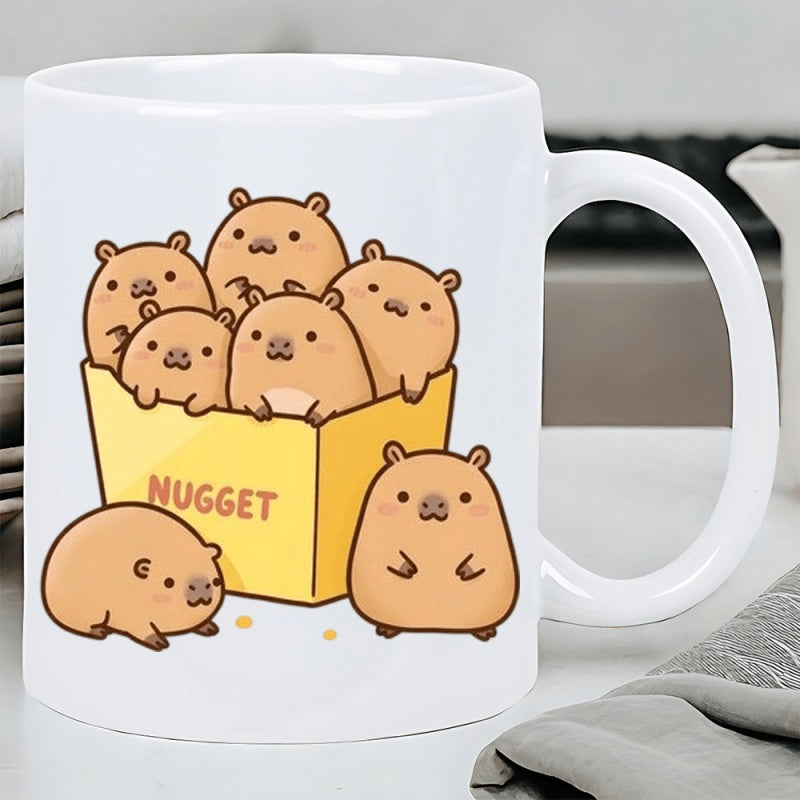 Tailorly White Ceramic 11 oz Mug - Nugget Cute Cartoon Characters Sitting Inside Yellow Fast Food Container Box Capybara