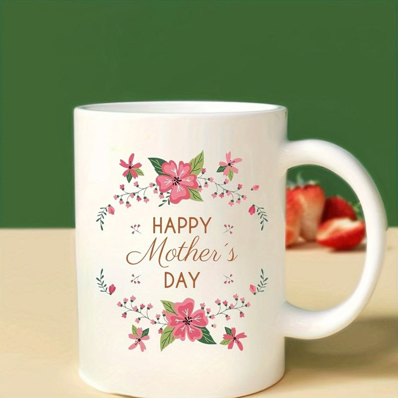 Tailorly White Ceramic 11 oz Mug - Happy Mothers Day Pink Blossoms Arranged In A Circular Wreath With Elegant Green Foliage Flower