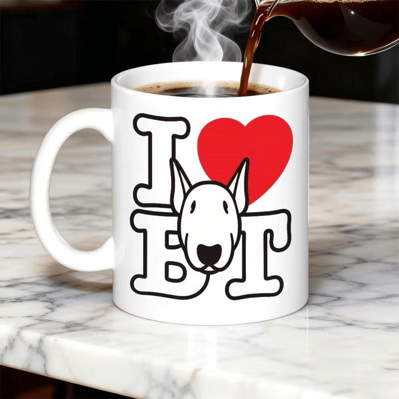 Tailorly White Ceramic 11 oz Mug - I BT Charming Dog Portrait Surrounded By Heart And Decorative Bold Lettering Bull Terrier