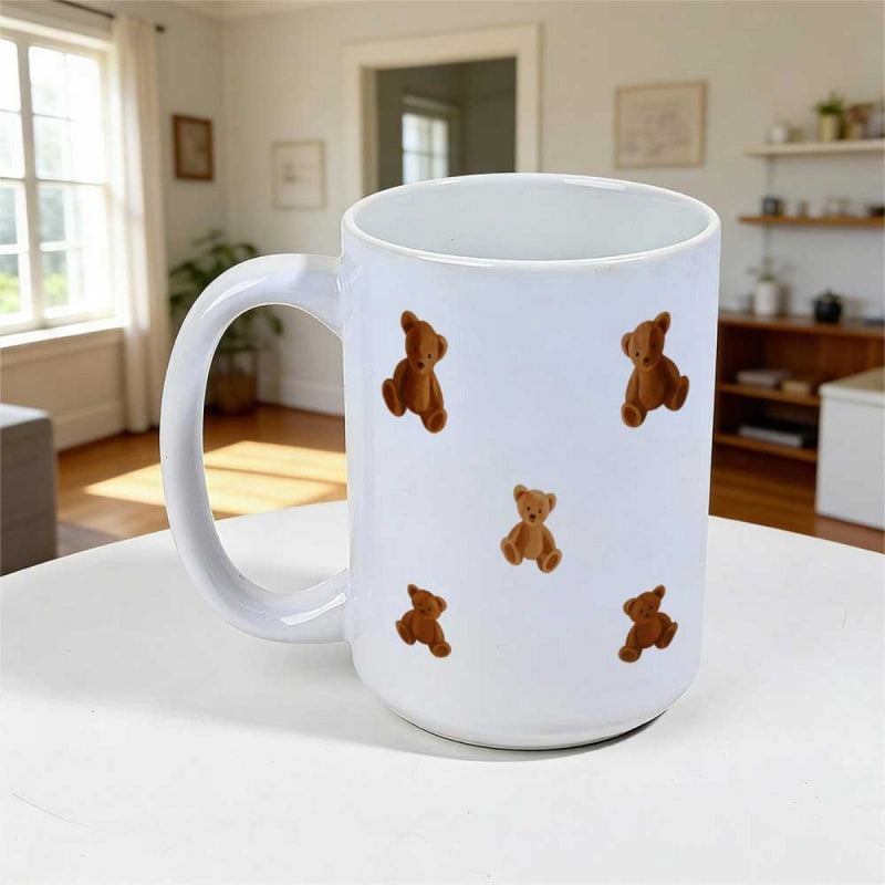 Tailorly White Ceramic 11 oz Mug - Cute Little Brown Teddy Bears Floating In Repeating Staggered Grid Bear