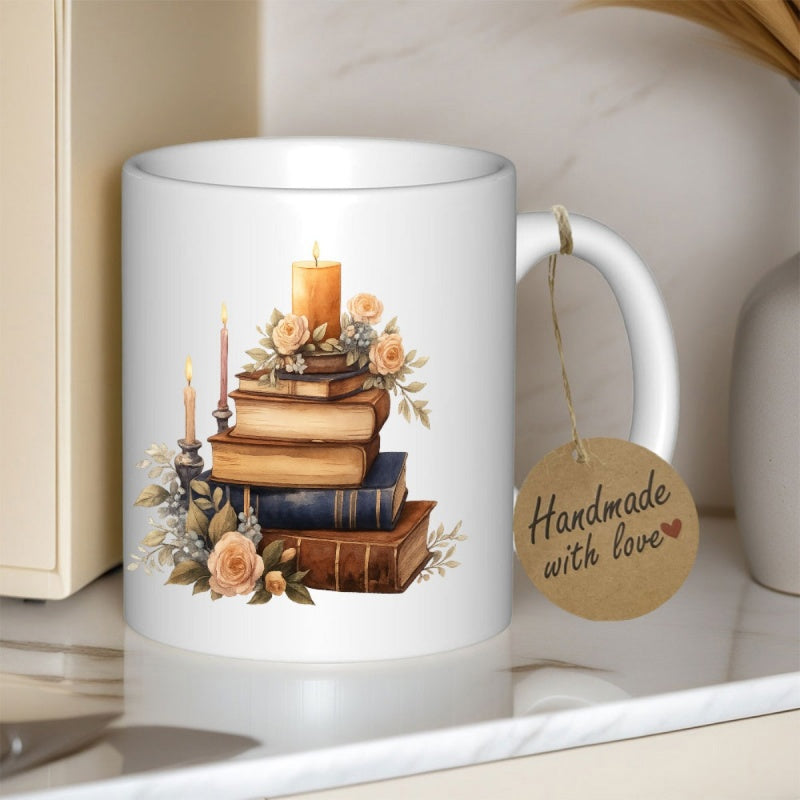 Tailorly White Ceramic 11 oz Mug - Cozy Vintage Literary Arrangement Featuring Candles And Delicate Floral Roses Books