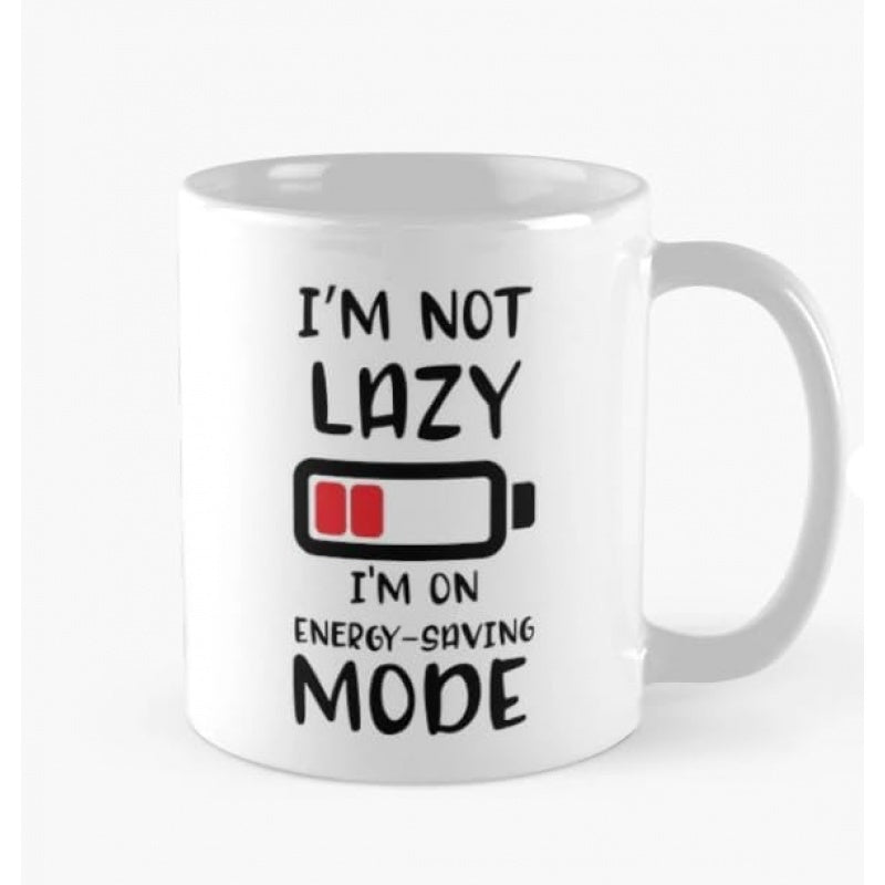 Tailorly White Ceramic 11 oz Mug - Im Not Lazy Im On Energy Saving Mode Low Power Icon With Two Red Energy Levels Battery