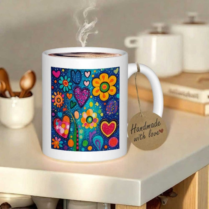 Tailorly White Ceramic 11 oz Mug - Vibrant Colorful Folk Art Style Featuring Whimsical Hearts And Blossoming Spring Flower