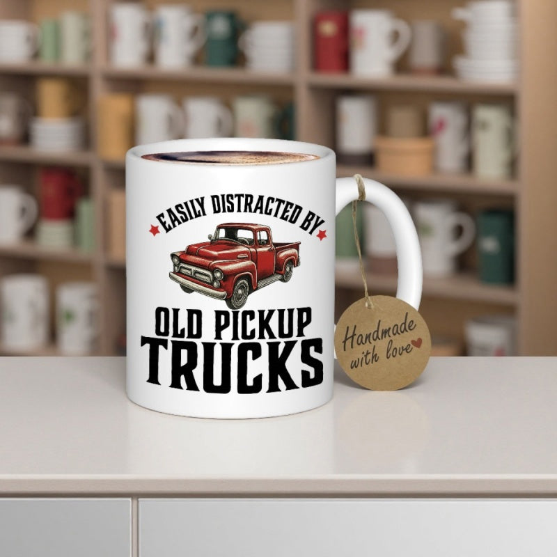 Tailorly White Ceramic 11 oz Mug - Easily Distracted By Old Pickup Trucks Classic Red Vintage Vehicle Resting Gracefully On A Plain White Surface Truck