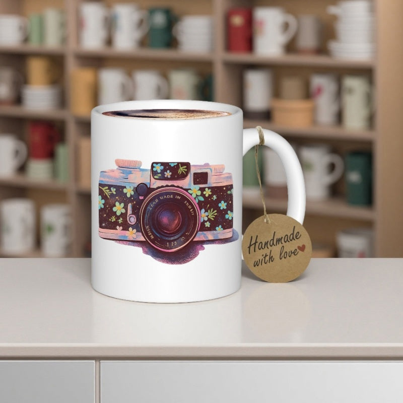 Tailorly White Ceramic 11 oz Mug - Handmade With Love Vintage Artistic Floral Pattern On A Colorful Retro Camera
