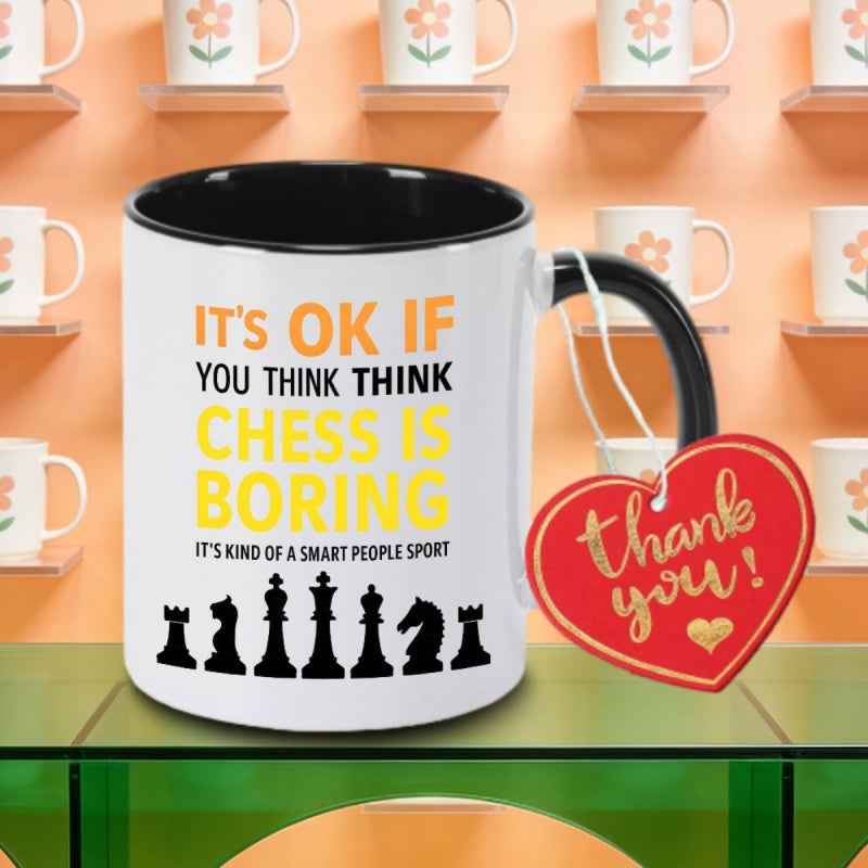 Tailorly Black Accent 11 oz Mug - chess pieces patterns logo with the text "chess is boringthats fine"