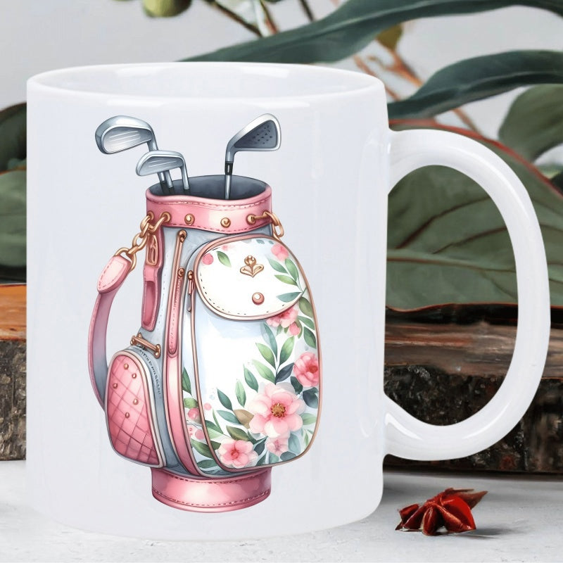 Tailorly White Ceramic 11 oz Mug - Watercolor Pink Floral Design Golf Clubs Inside Elegant Decorated Bag