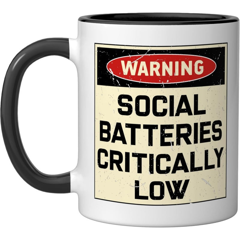 Tailorly Black Accent 11 oz Mug - caution energy levels are depleted text in black and white