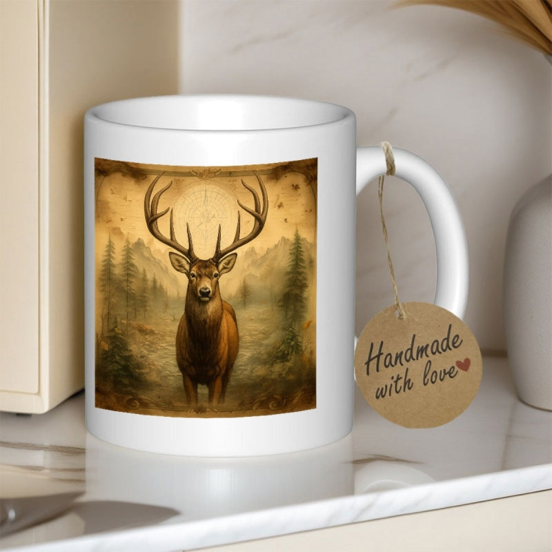 Tailorly White Ceramic 11 oz Mug - Handmade With Love Majestic Forest Scene With Tall Pine Trees And Rugged Mountains Stag