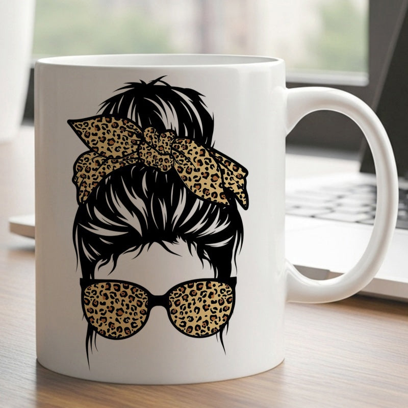 Tailorly White Ceramic 11 oz Mug - Leopard Patterned Bow And Sunglasses On Messy Hair Bun Woman Silhouette