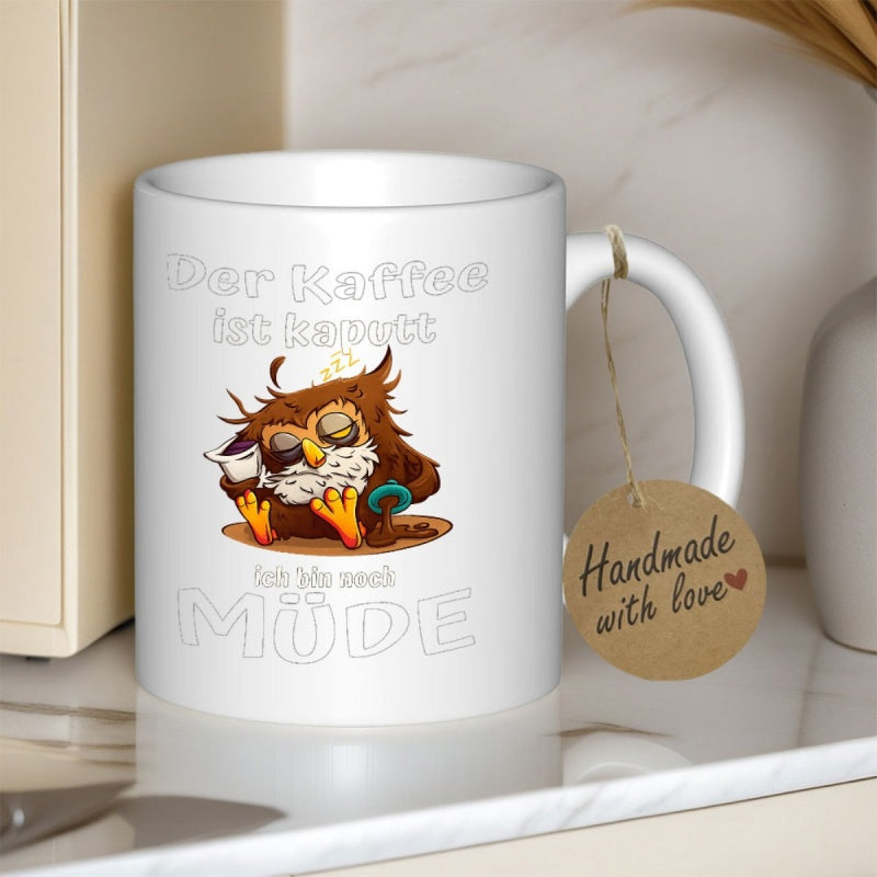 Tailorly White Ceramic 11 oz Mug - Handmade With Love Sleepy Brown Cartoon Holding Coffee Cup With Messy Ruffled Feathers Owl