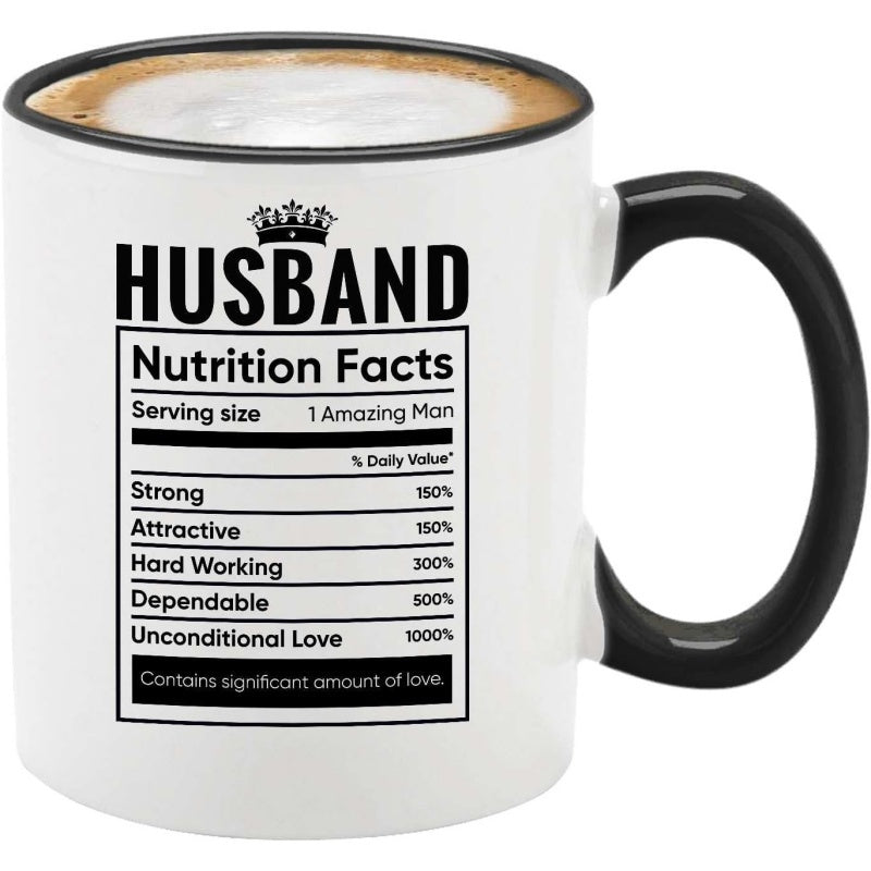 Tailorly Black Accent 11 oz Mug - nutrition facts label with humorous text "husband"