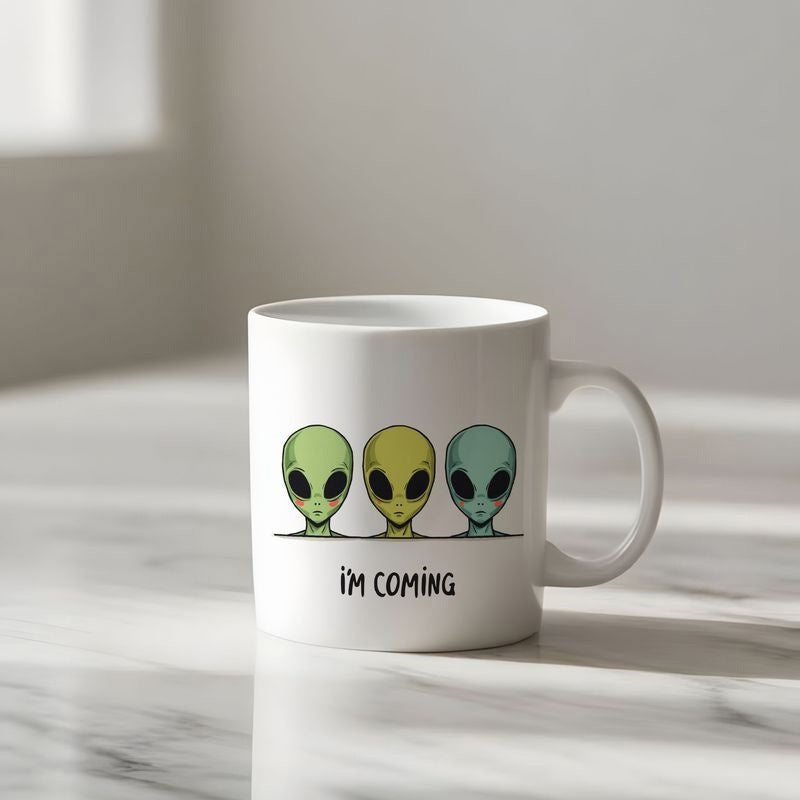 Tailorly White Ceramic 11 oz Mug - Im Coming Three Colorful Extraterrestrial Heads Peeking Over A Horizontal Line Alien
