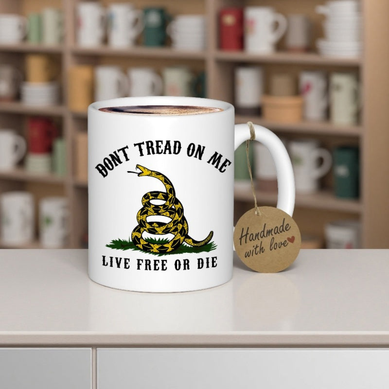 Tailorly White Ceramic 11 oz Mug - Dont Tread On Me Live Free Or Die Coiled Yellow Rattlesnake Resting On Green Grass Patch Historical American Symbol Snake
