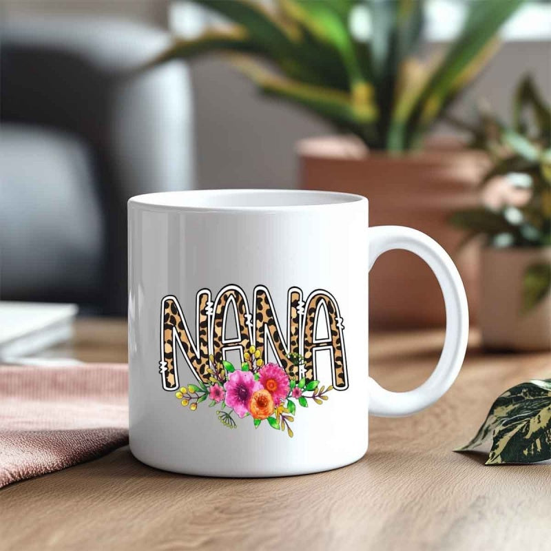 Tailorly White Ceramic 11 oz Mug - Nana Leopard Print Letters Decorated With Blooming Pink And Orange Flower