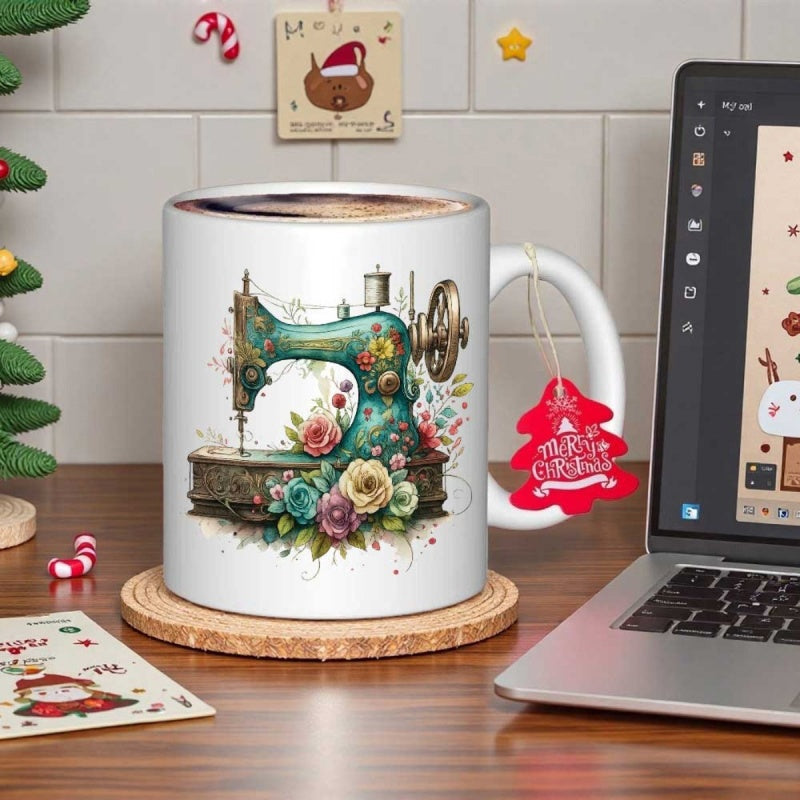 Tailorly White Ceramic 11 oz Mug - Vintage Teal Machine Adorned With Vibrant Floral Blossoms And Elegant Detailed Gears Sewing Machine