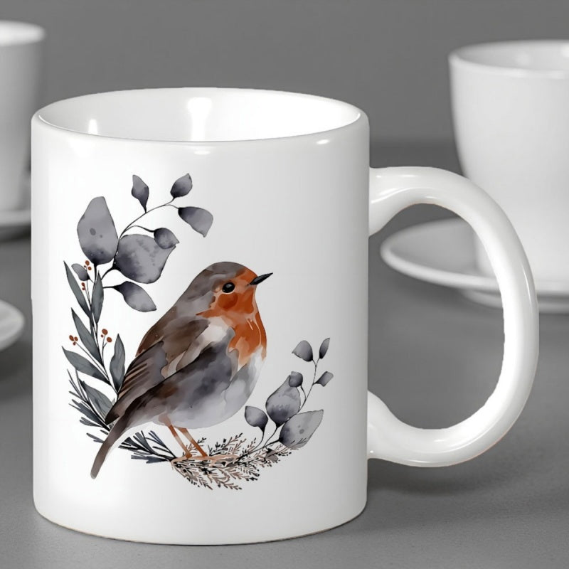 Tailorly White Ceramic 11 oz Mug - Hand Painted Watercolor Bird Among Muted Grey Botanical Leaves Elegant Robin