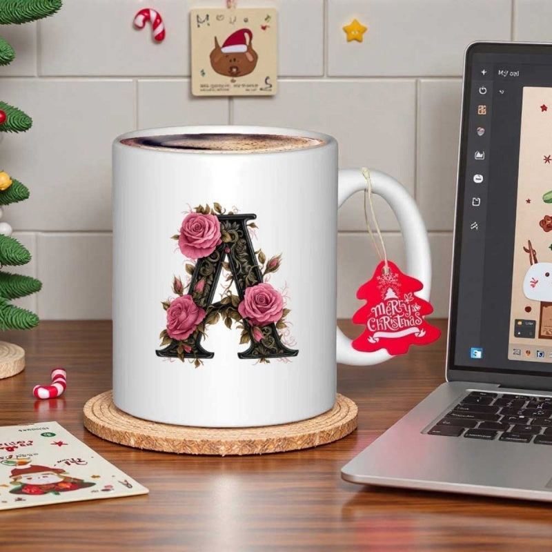 Tailorly White Ceramic 11 oz Mug - A Elegant Floral Initial Surrounded By Pink Roses And Green Leaves Mug