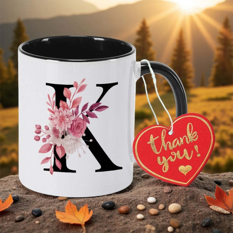 Tailorly Black Accent 11 oz Mug - floral monogram k
