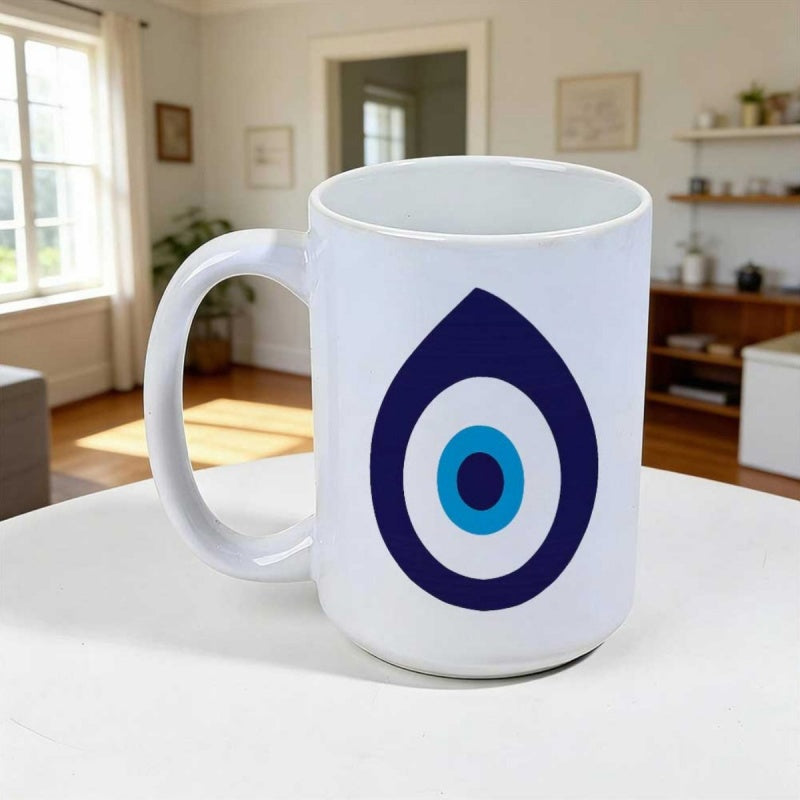Tailorly White Ceramic 11 oz Mug - Traditional Cultural Blue Concentric Circles Inside A Stylized Teardrop Shape Eye