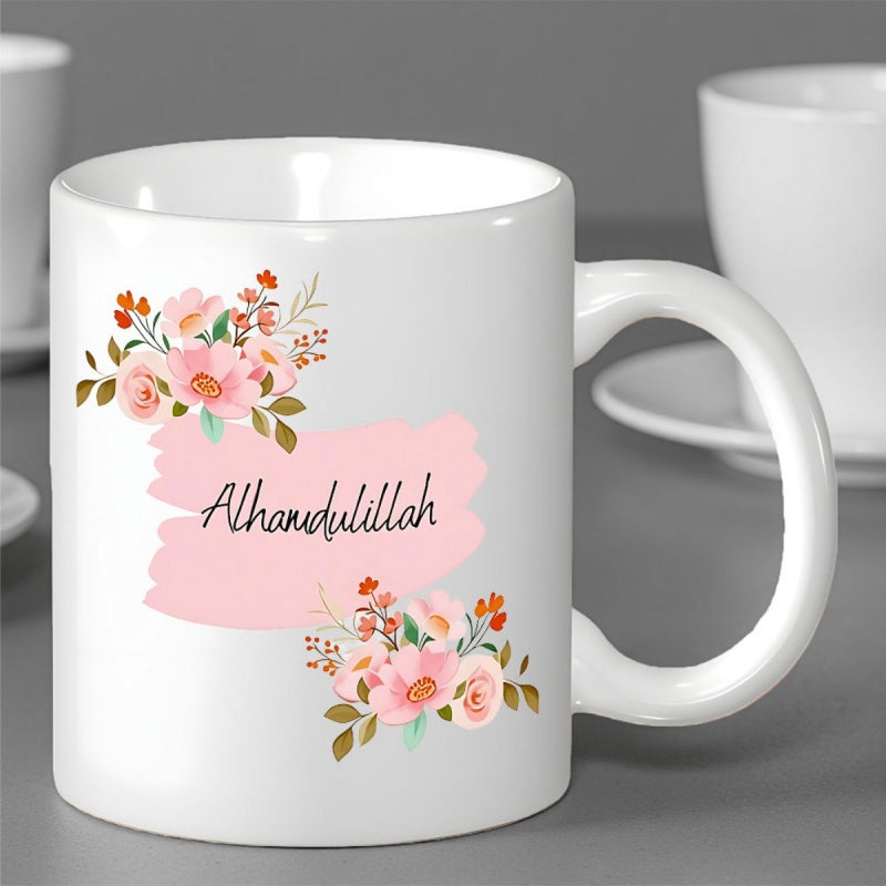 Tailorly White Ceramic 11 oz Mug - Alhamdulillah Elegant Pink Blossoms Arranged Around A Soft Watercolor Brushstroke Accent Bouquet