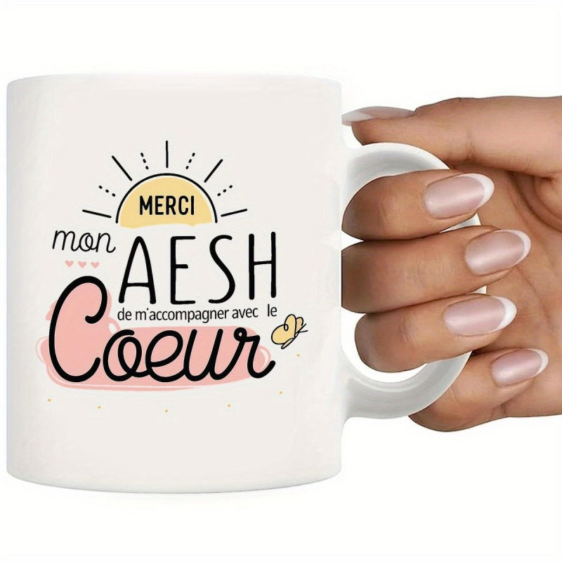 Tailorly White Ceramic 11 oz Mug - Stylized Sun With Small Hearts And Butterfly Over Pink Brushstroke Mug