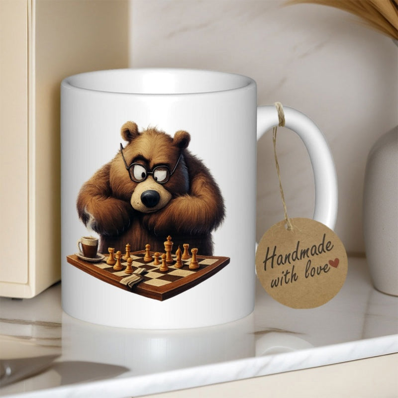 Tailorly White Ceramic 11 oz Mug - Handmade With Love Intellectual Brown Bear Wearing Glasses Playing Strategic Chess Game Bear