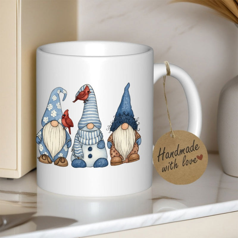 Tailorly White Ceramic 11 oz Mug - Handmade With Love Three Festive Winter Gnomes Featuring Red Cardinal Birds And Beards Gnome